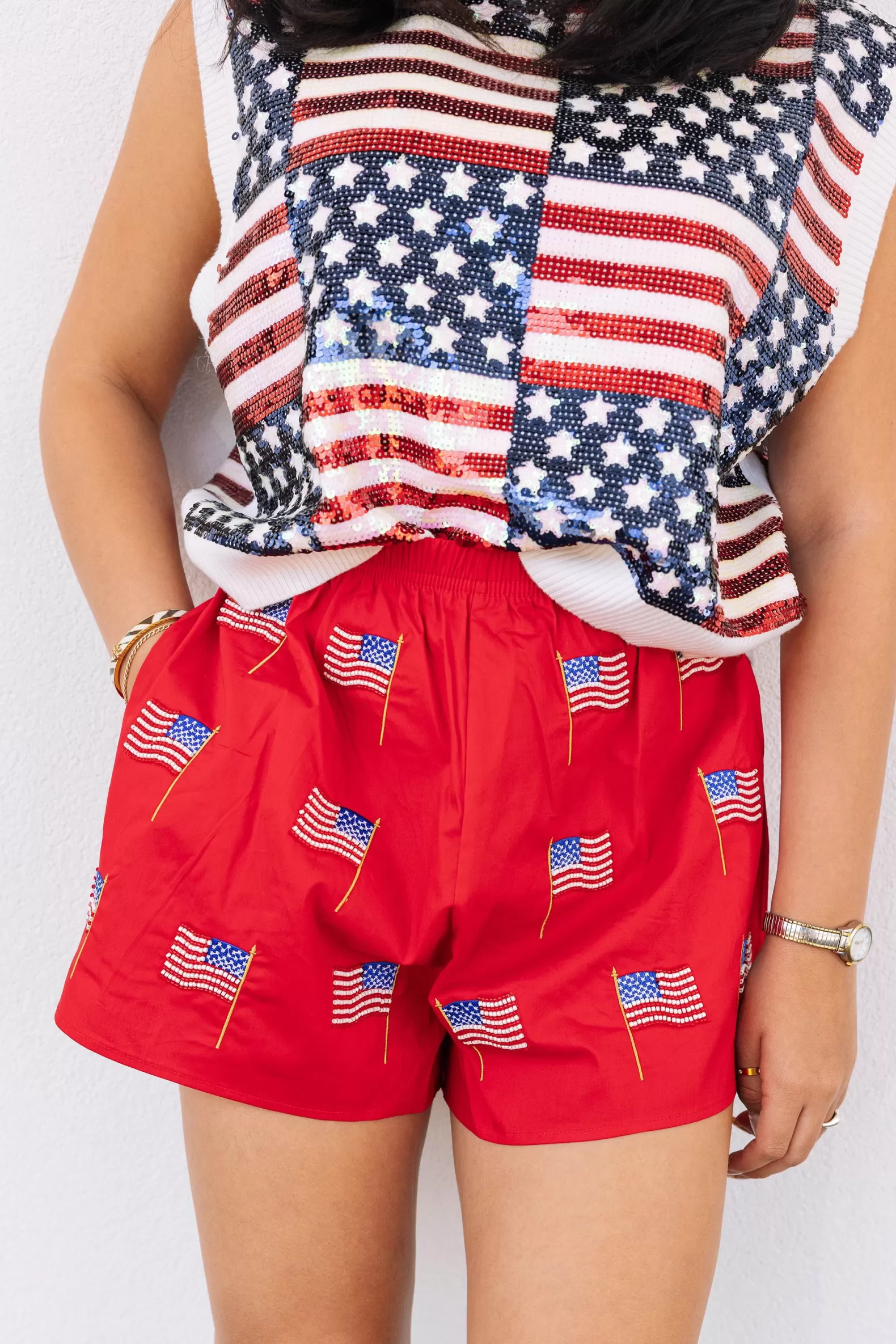 Queen of Sparkles Shorts<Beaded American Flag Short Red
