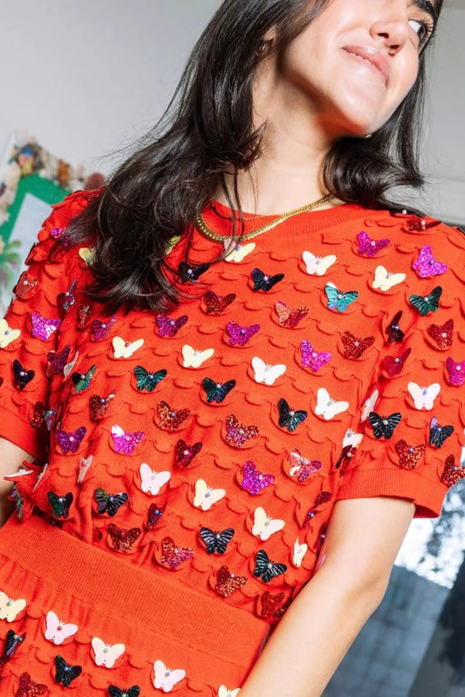 Queen of Sparkles Tops | Sets<Multi Butterfly Pailette Top Red