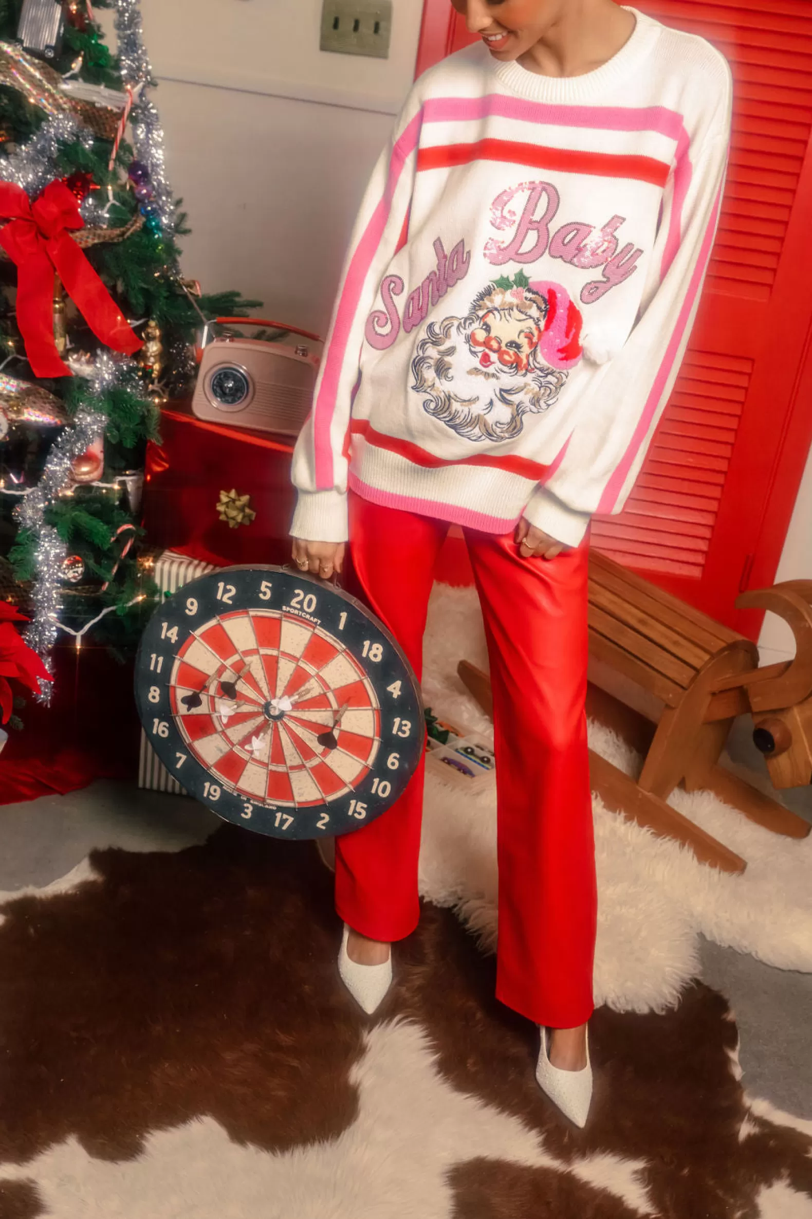 Queen of Sparkles Sets | Sweaters<Red, Pink & Stripe 'Santa Baby' Fuzzy Santa Sweater White