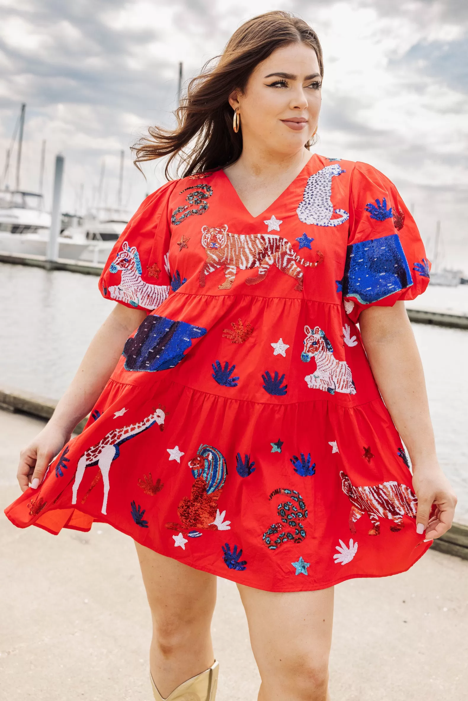 Queen of Sparkles Dresses<, White, and Blue Animal Poof Sleeve Dress Red