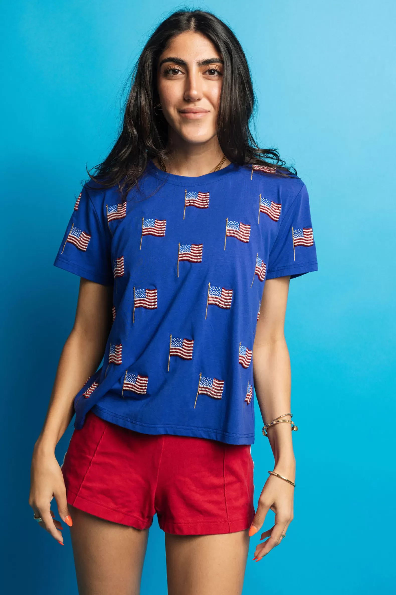 Queen of Sparkles Tees<Scattered Beaded Flag Tee Royal