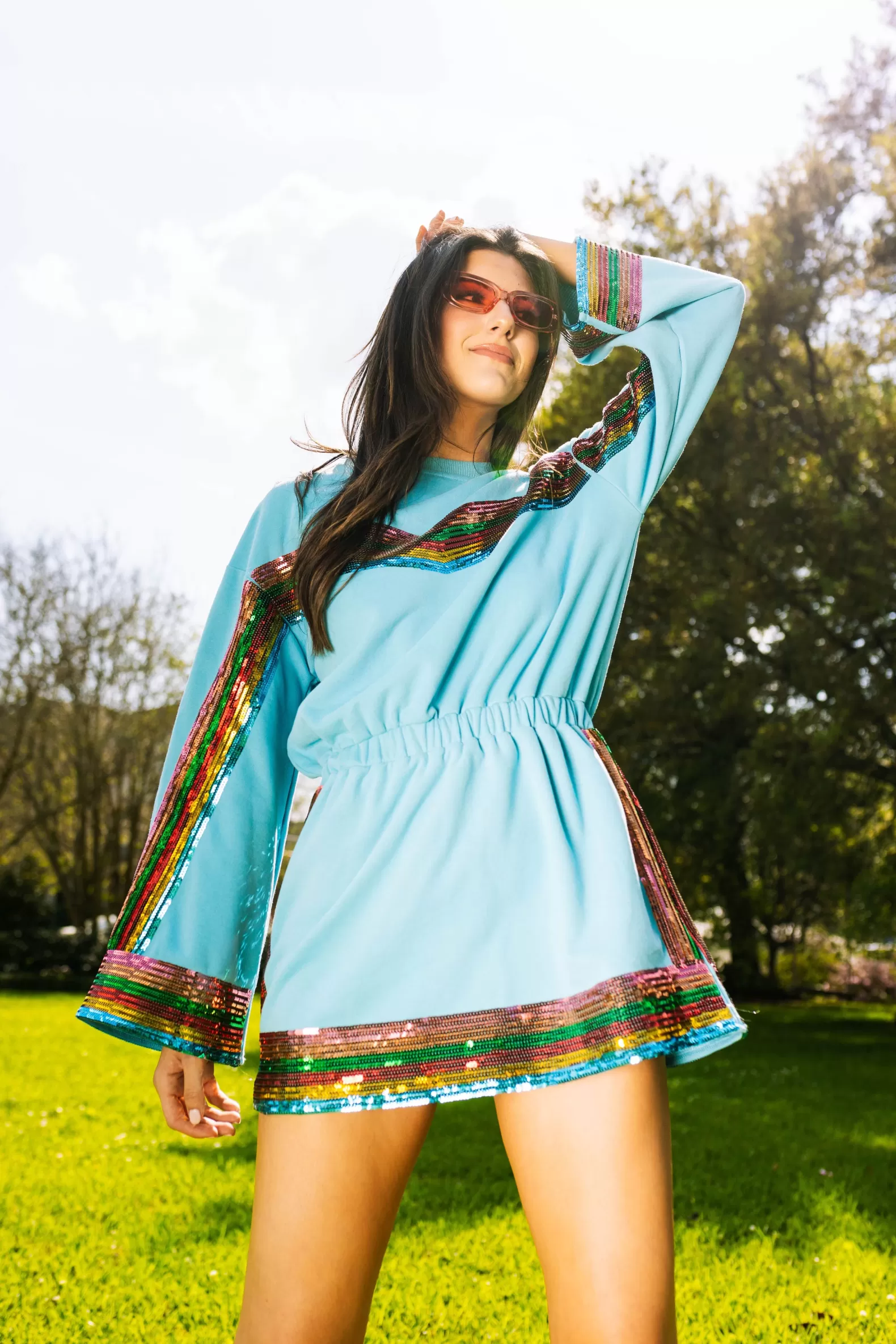 Queen of Sparkles Dresses<Teal Rainbow Sequin Stripe Dress Long Sleeve