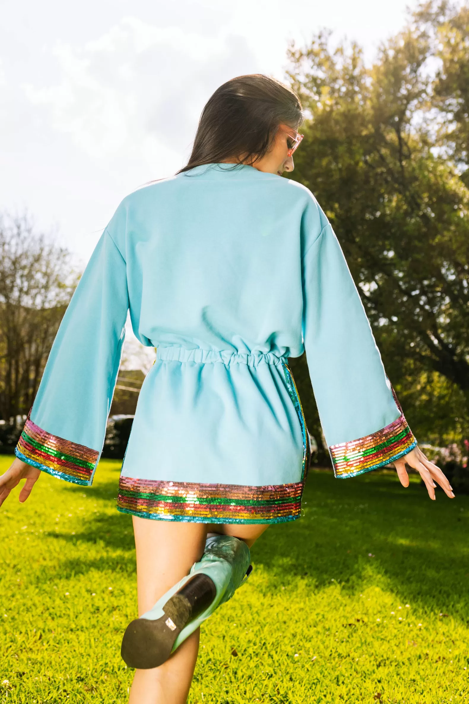 Queen of Sparkles Dresses<Teal Rainbow Sequin Stripe Dress Long Sleeve