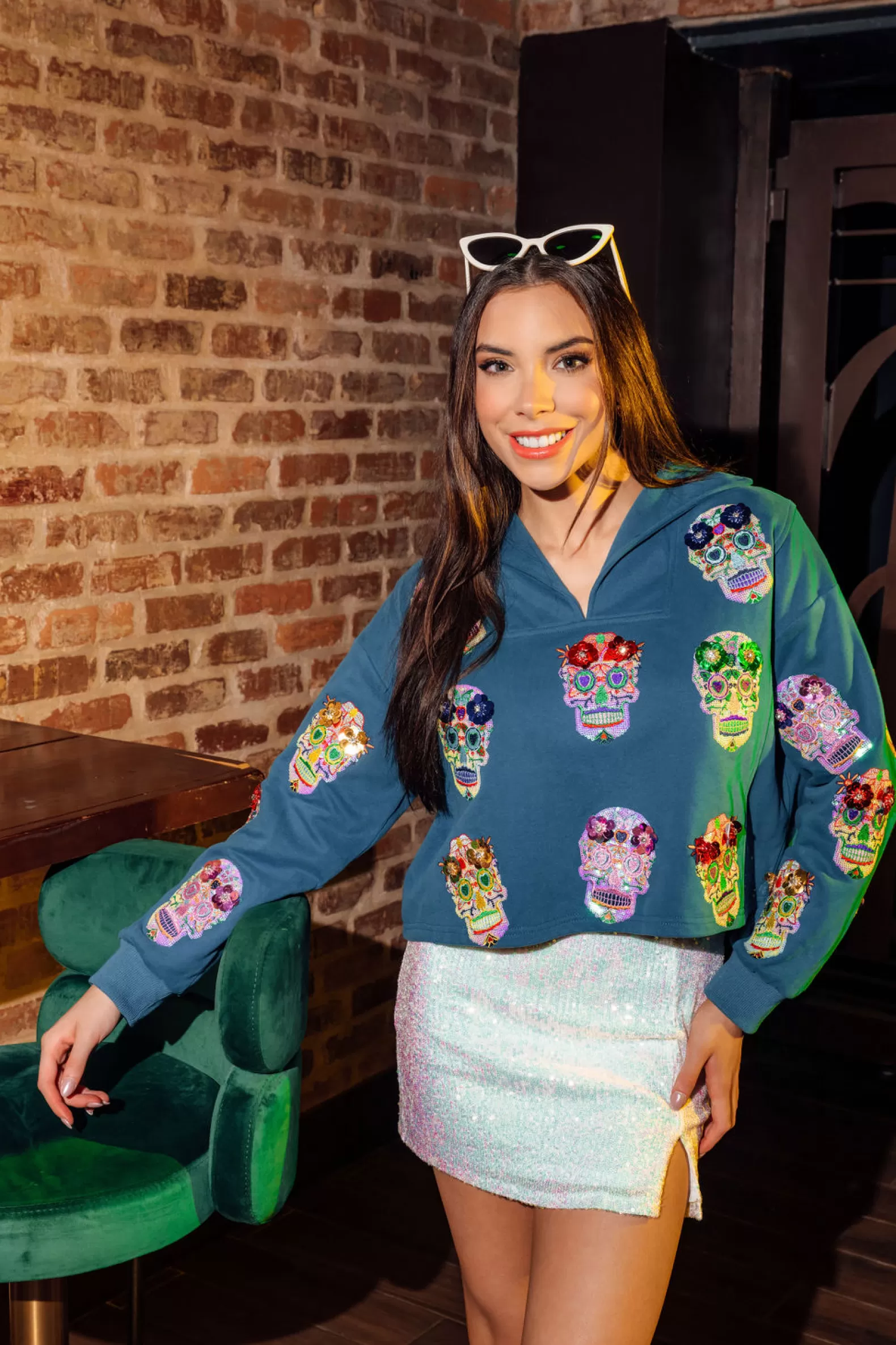 Queen of Sparkles Sweatshirts<Sugar Skull Collar Sweatshirt Teal
