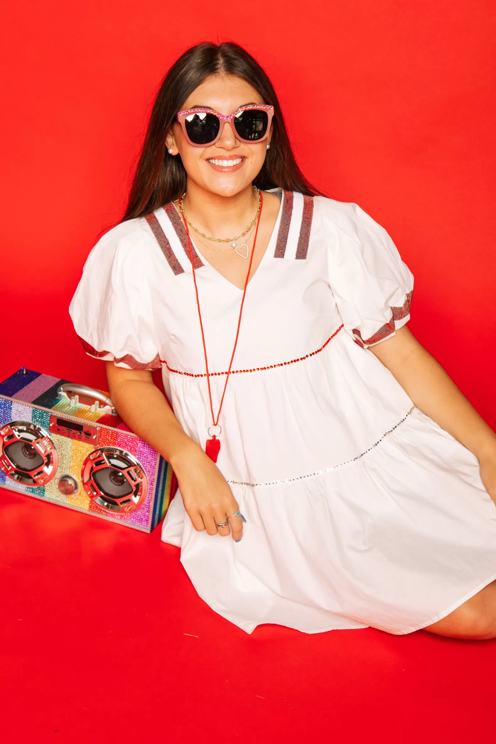 Queen of Sparkles Dresses<White & Crimson Poof Sleeve QOS Jersey Dress