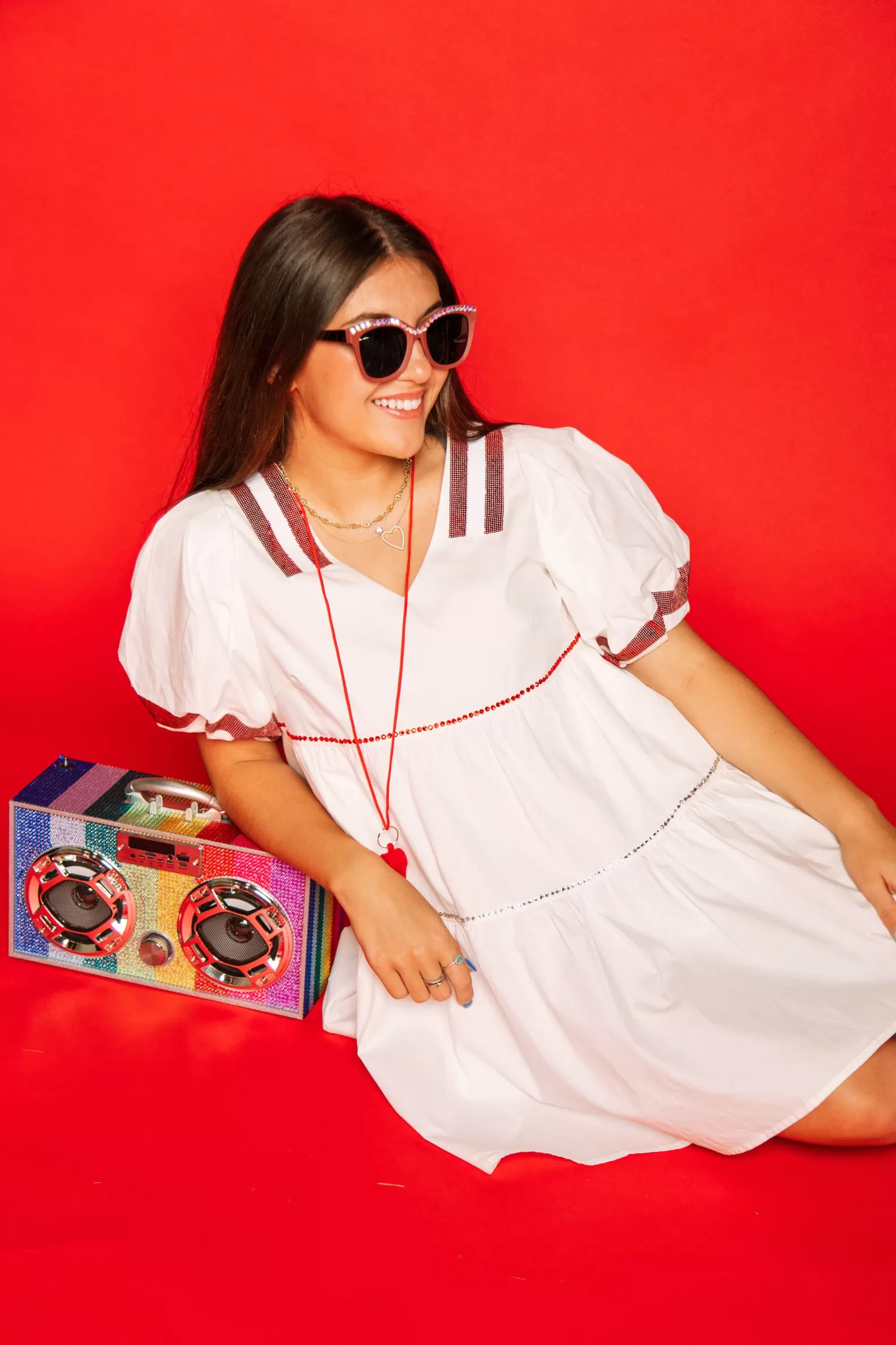 Queen of Sparkles Dresses<White & Crimson Poof Sleeve QOS Jersey Dress