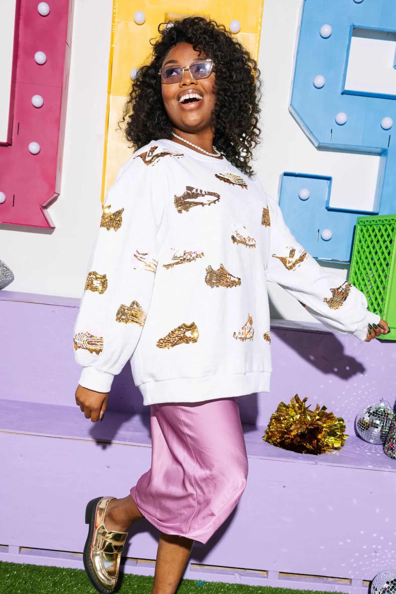 Queen of Sparkles Sweatshirts<& Gold Football Cleat Sweatshirt White