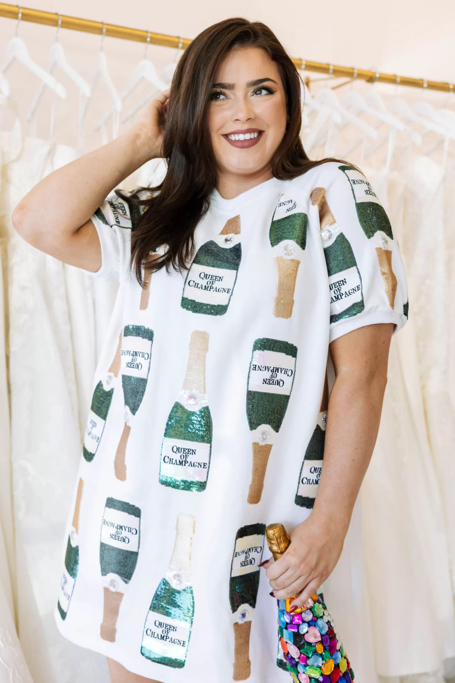 Queen of Sparkles Dresses<& Gold Scattered Champagne Bottle Dress White