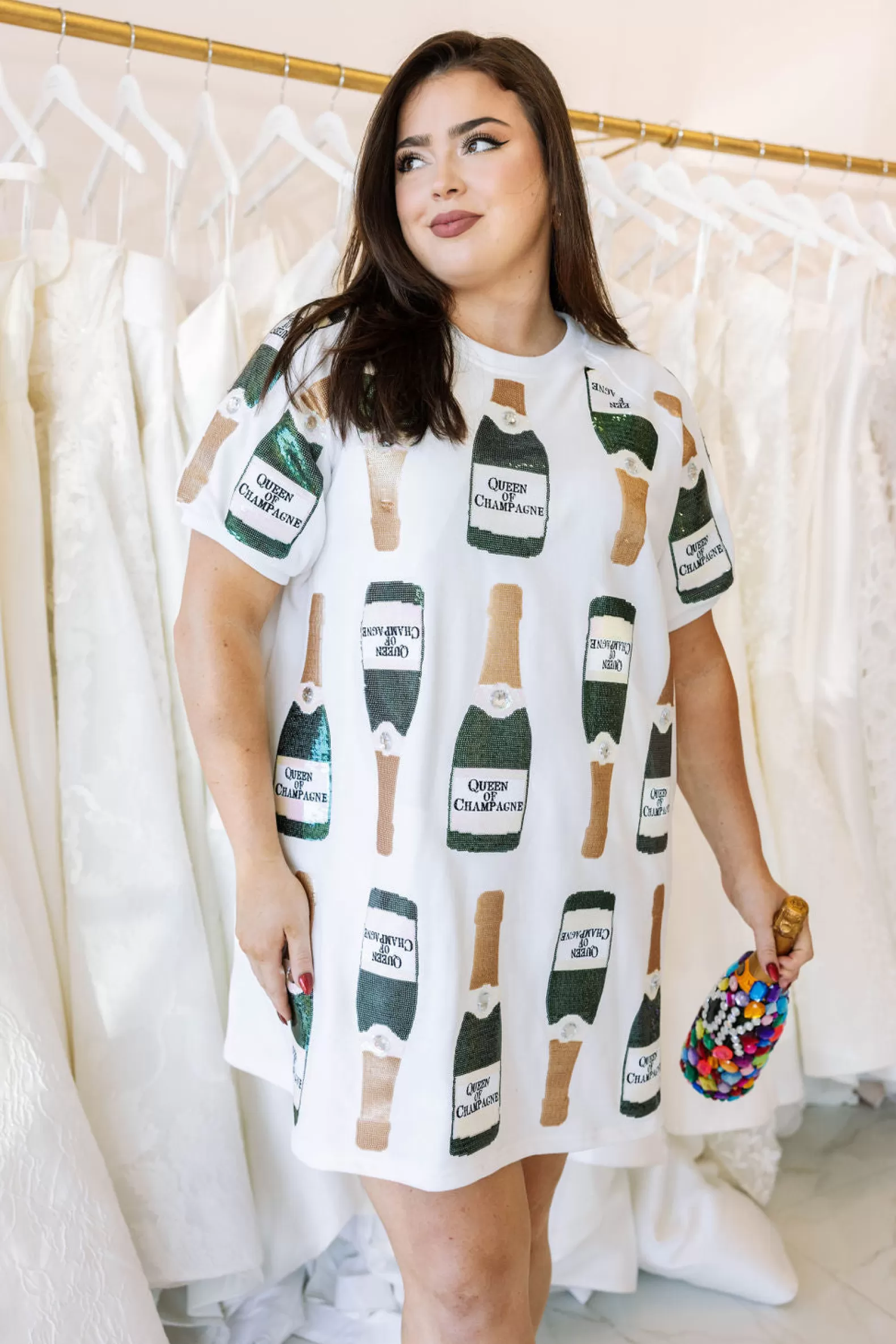 Queen of Sparkles Dresses<& Gold Scattered Champagne Bottle Dress White