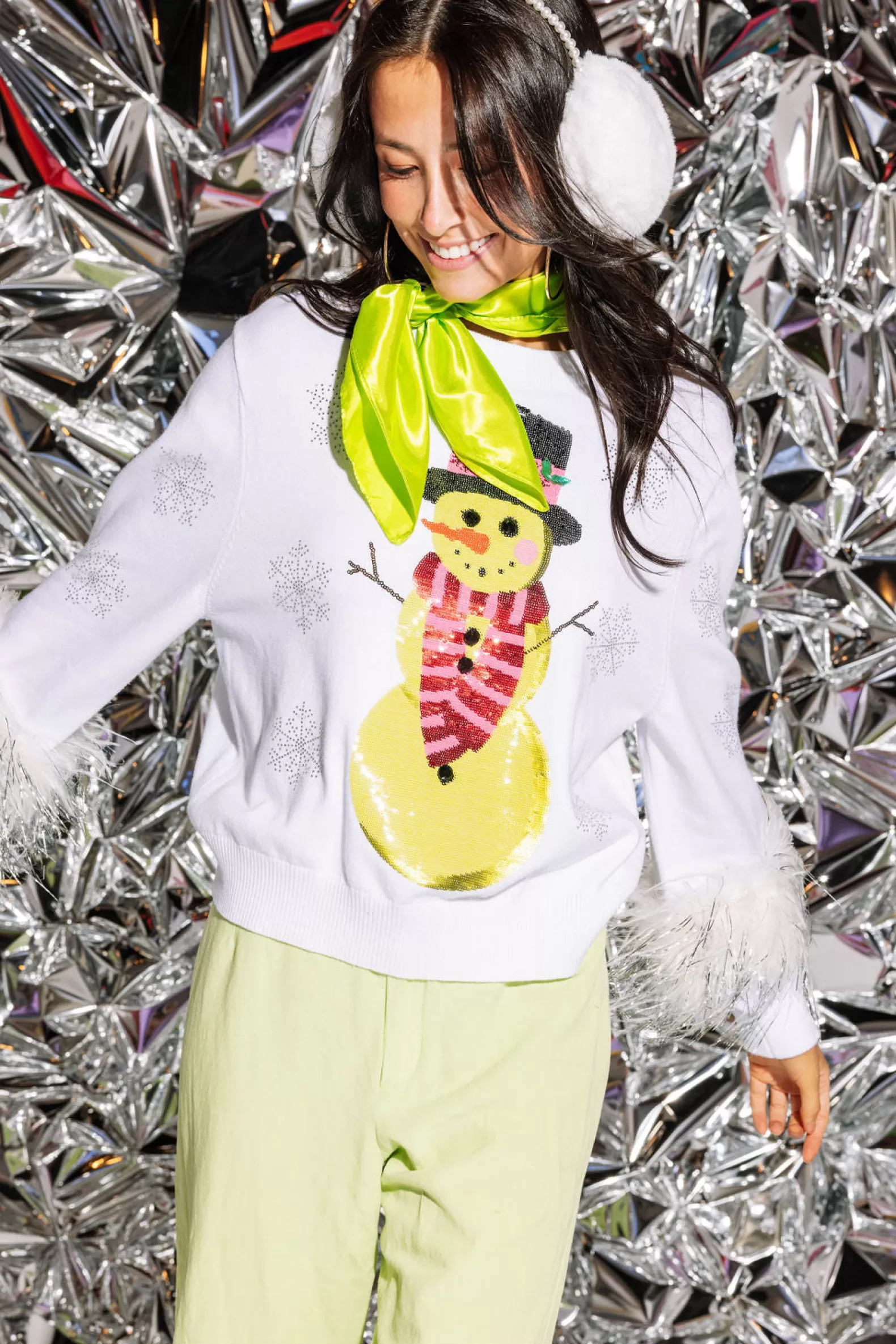Queen of Sparkles Sweaters<& Green Snowman Sweater White