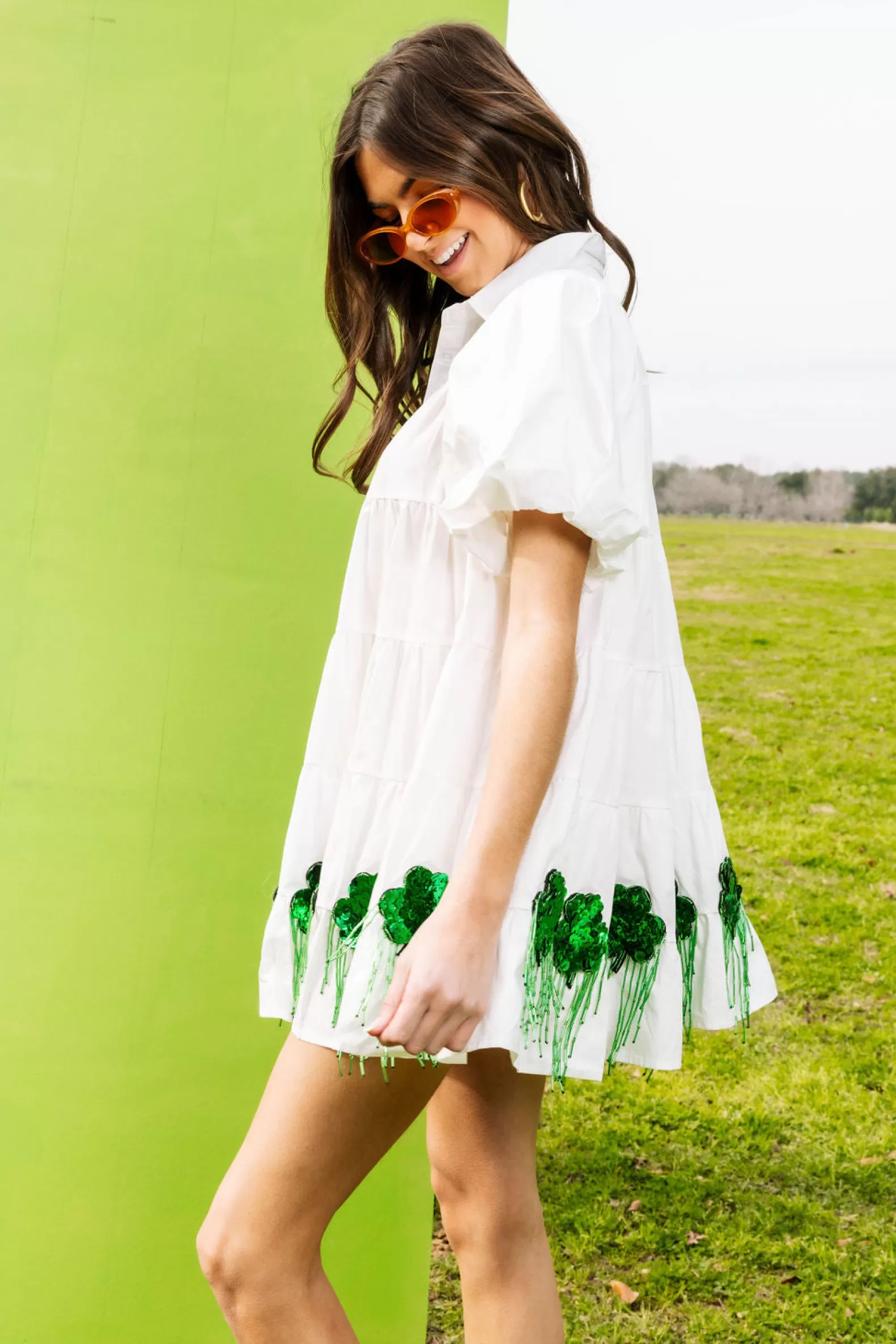 Queen of Sparkles Dresses<White Bead Shamrock Fringe Cotton Dress