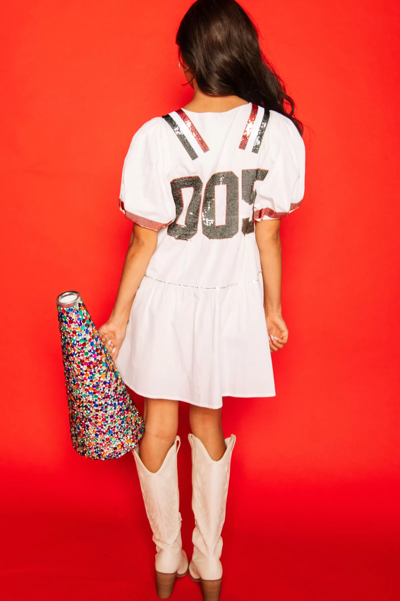 Queen of Sparkles Dresses<White, Black/Red Poof Sleeve QOS Jersey Dress