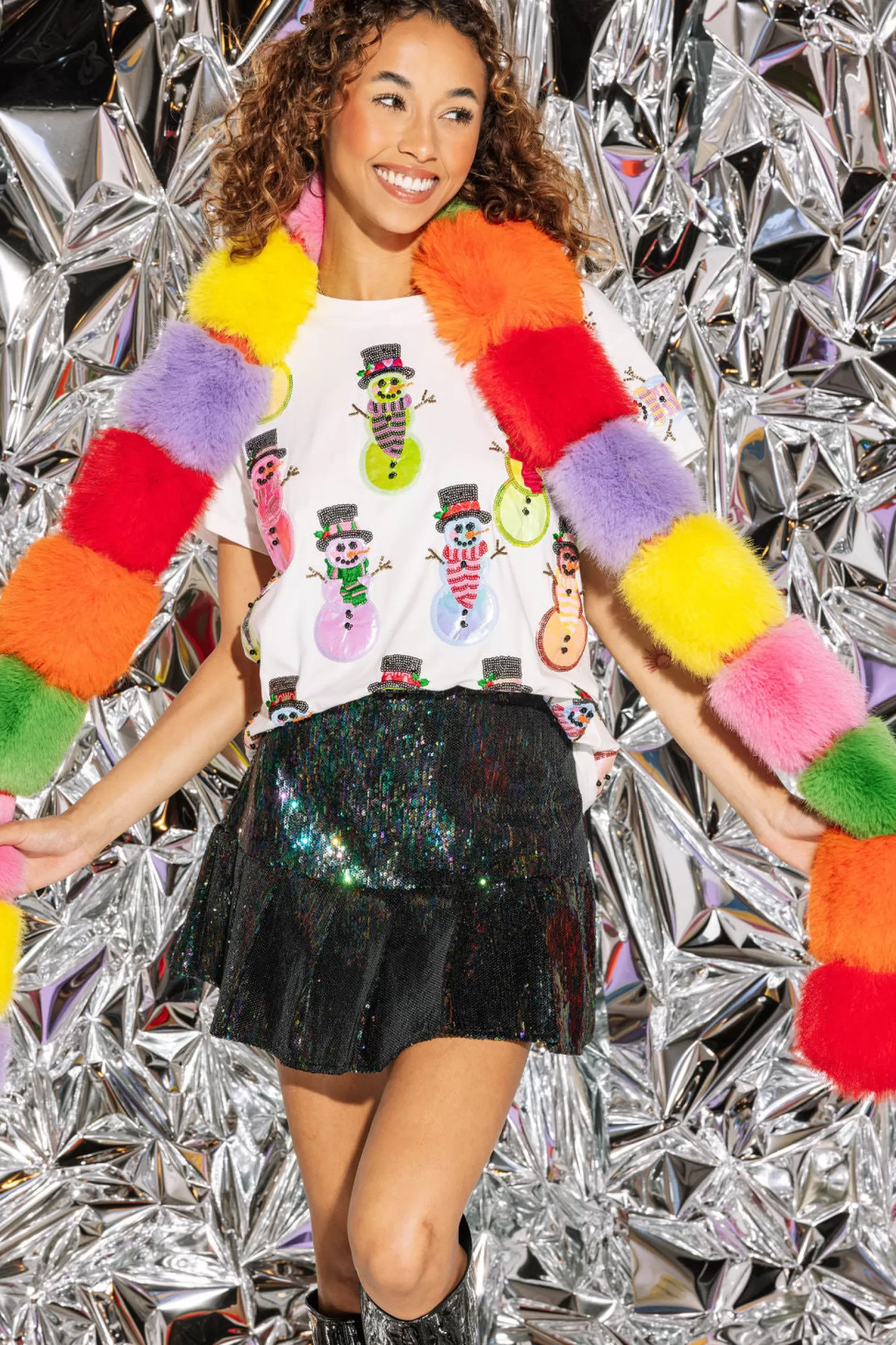 Queen of Sparkles Tees<Metallic Snowmen Tee White
