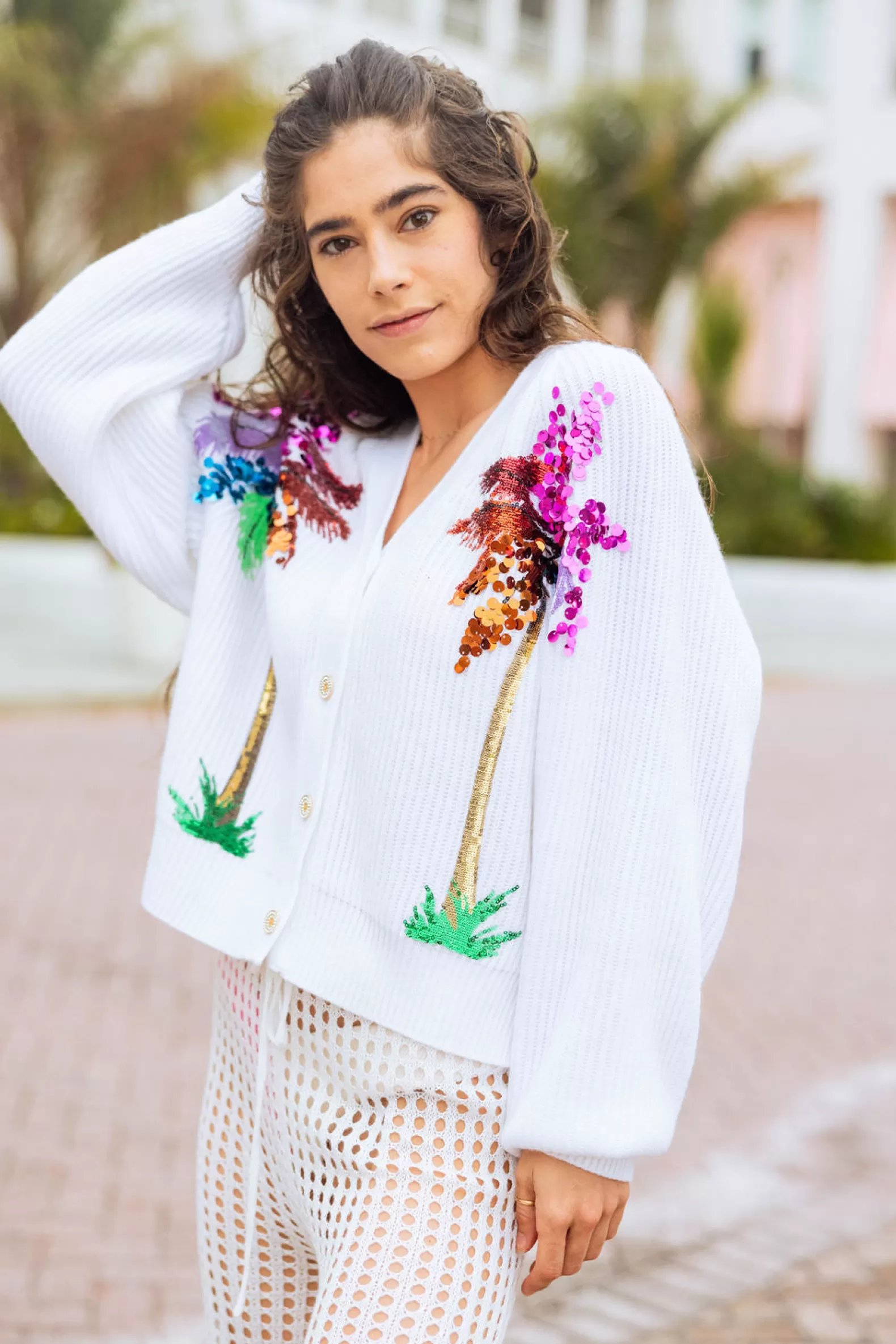 Queen of Sparkles Sweaters<Multi Palm Tree Cardigan White