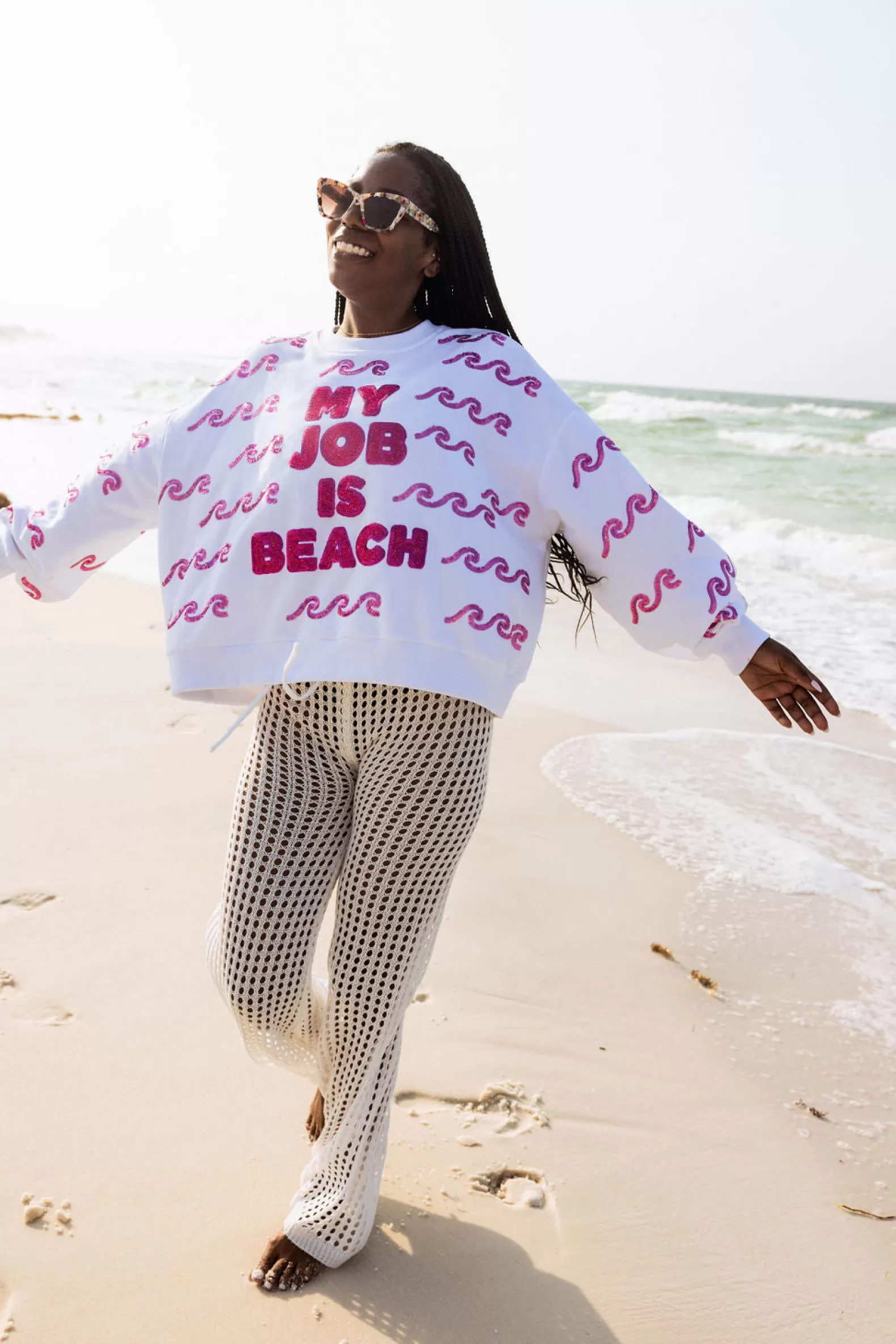 Queen of Sparkles Sweaters<'My Job Is Beach' Sweatshirt White
