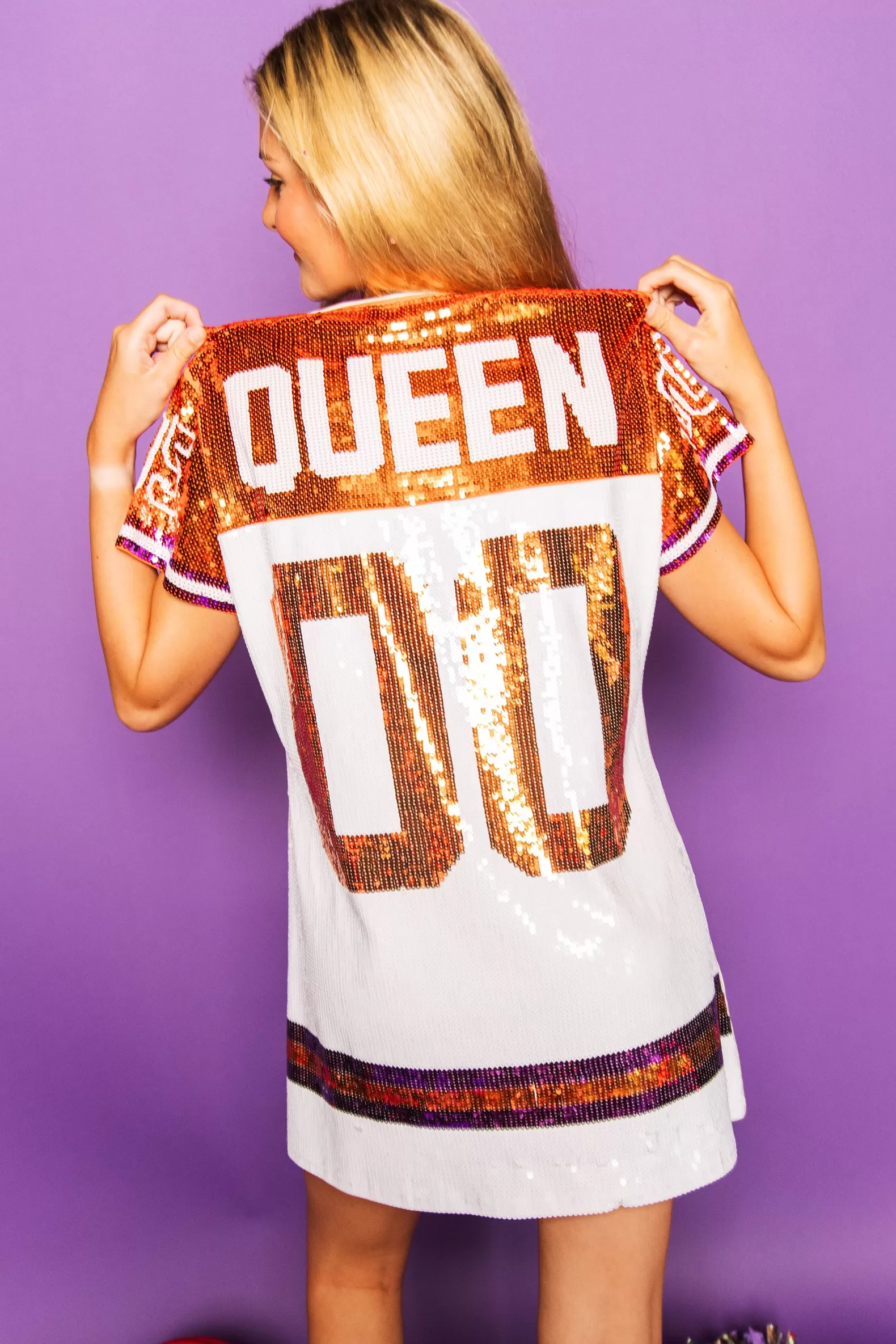 Queen of Sparkles Dresses<White, Orange/Purple Full Sequin Jersey Dress
