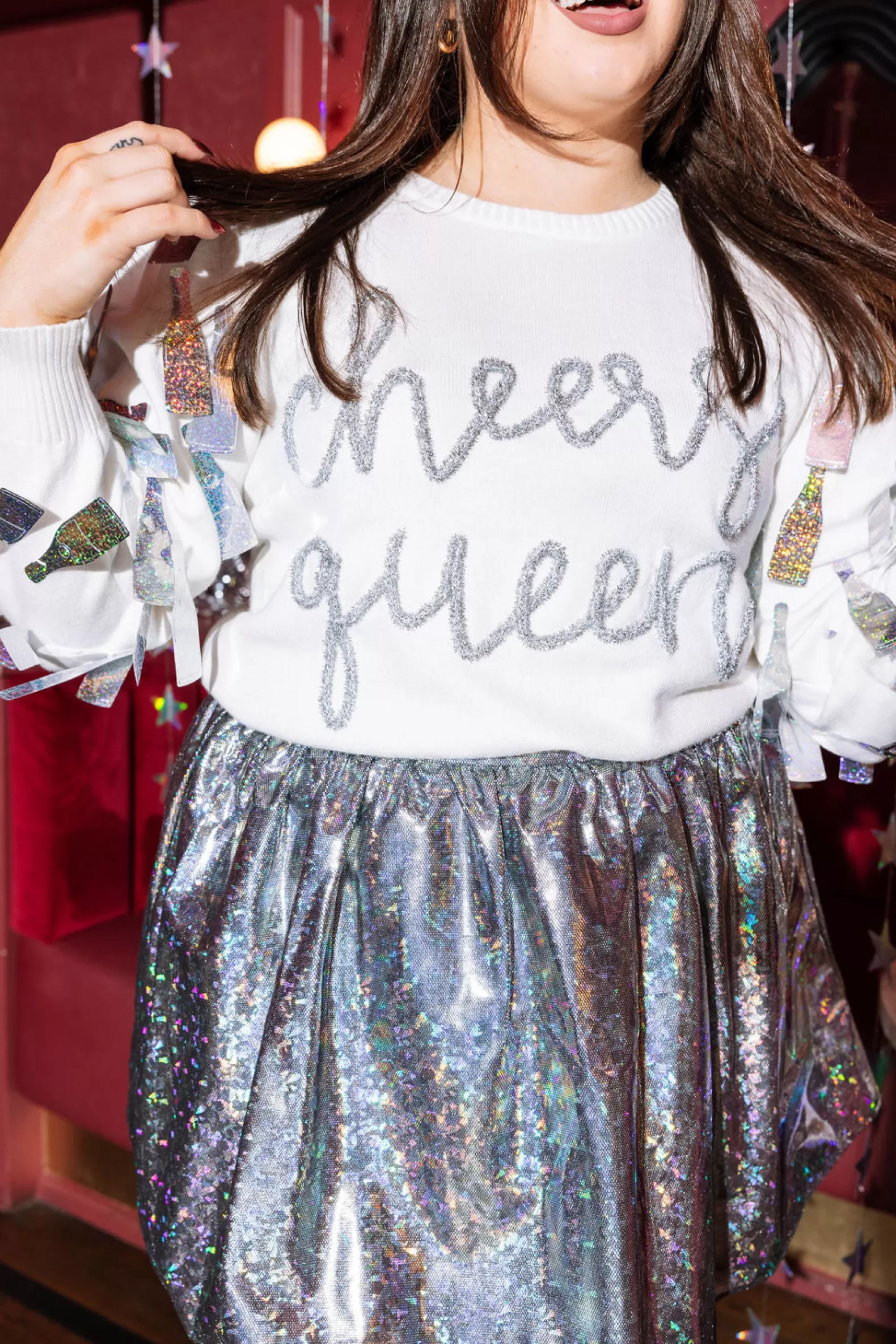 Queen of Sparkles Sweaters<White Paillette Cheers Queen Sweater