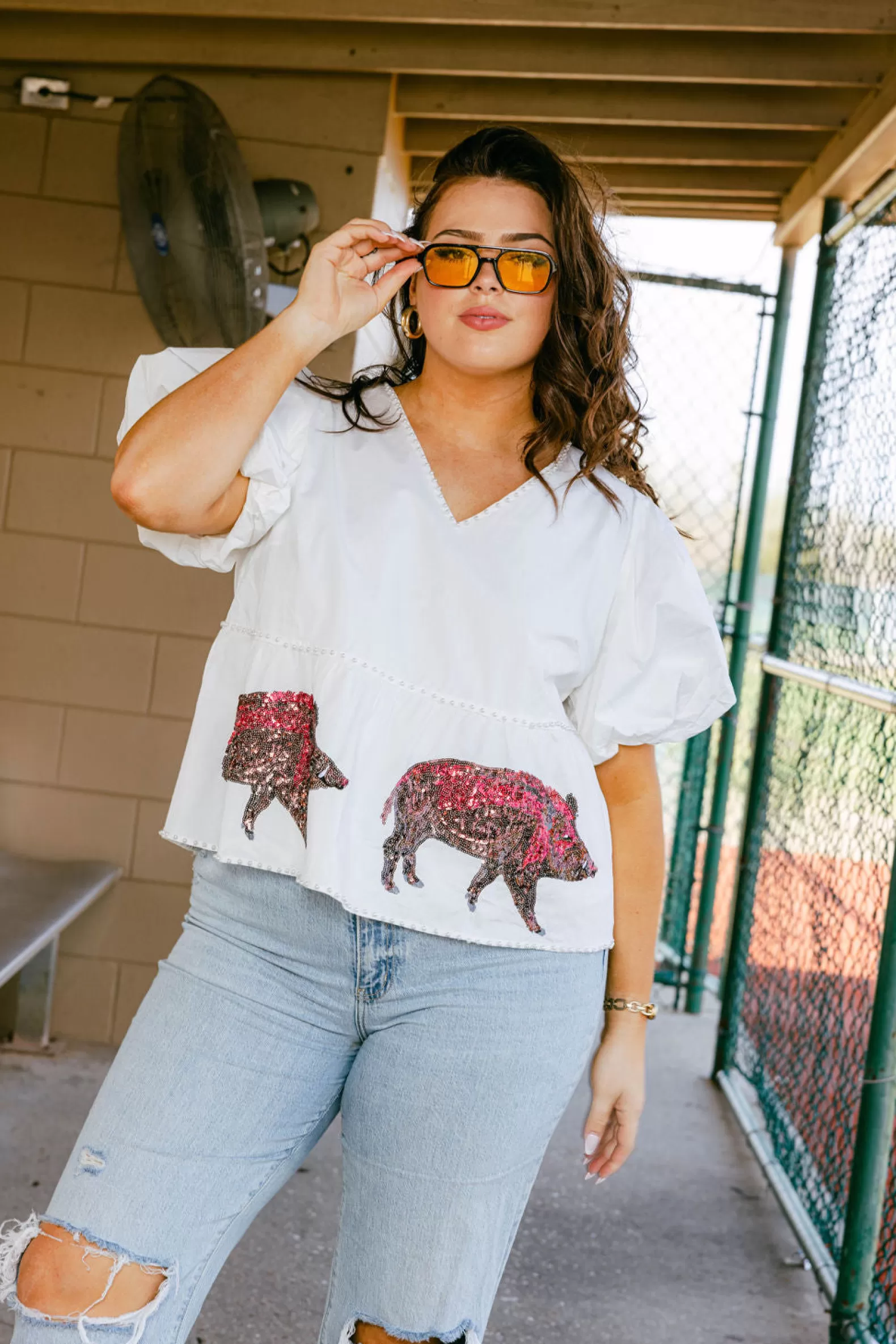 Queen of Sparkles Tops<White Peplum Poof Sleeve Top with Razorbacks- Licensed