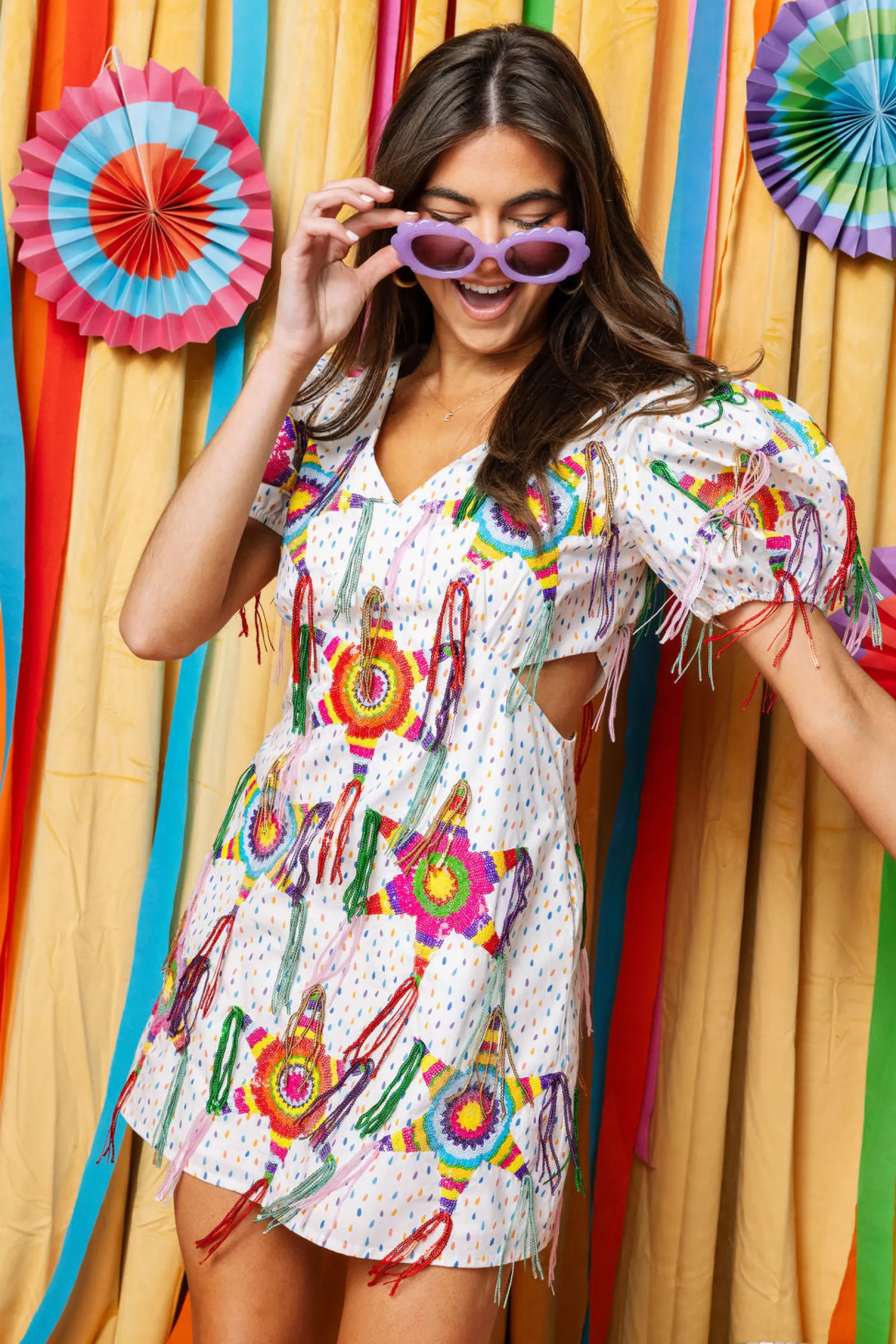 Queen of Sparkles Dresses<White Piñata Fringe Poof Sleeve Dress