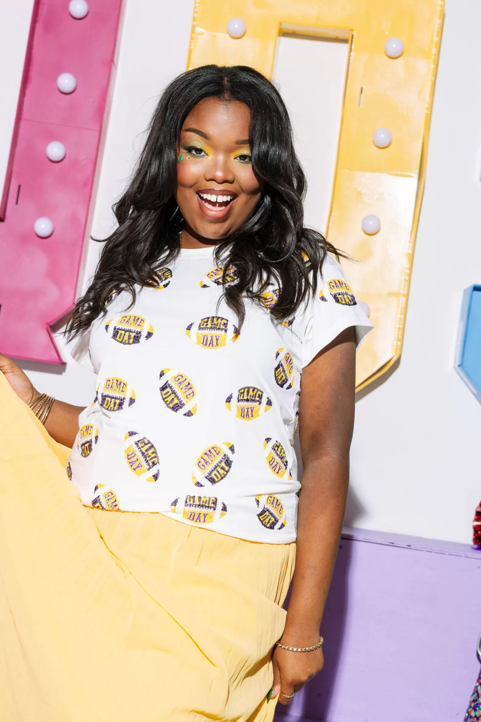 Queen of Sparkles Tees<, Purple & Yellow 'Game Day' Football Tee White