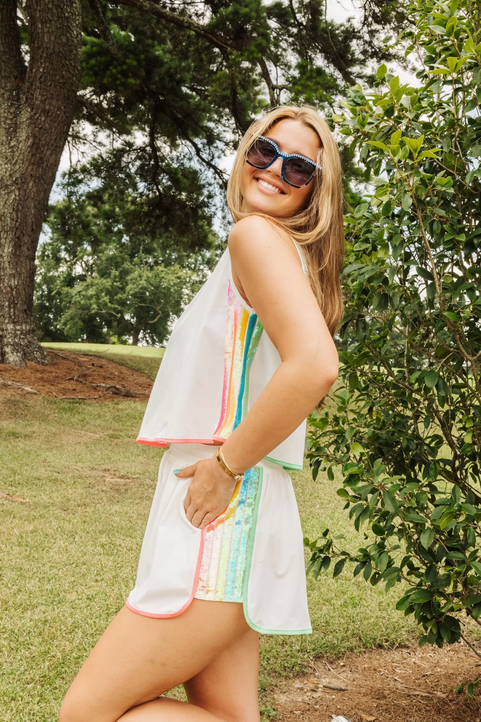Queen of Sparkles Activewear | Tops<White Rainbow Side Active Tank