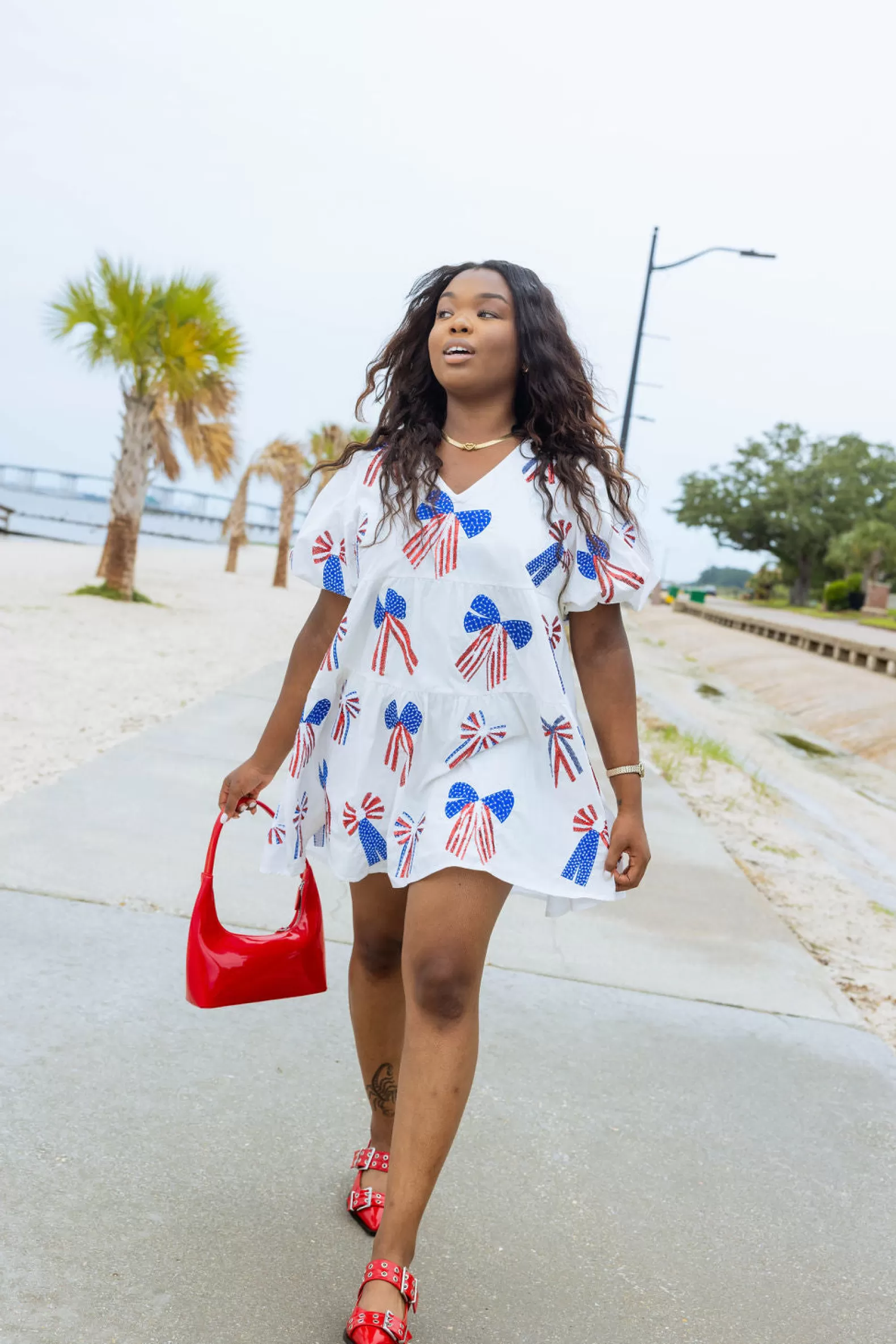 Queen of Sparkles Dresses<Red, & Blue Bow Dress White