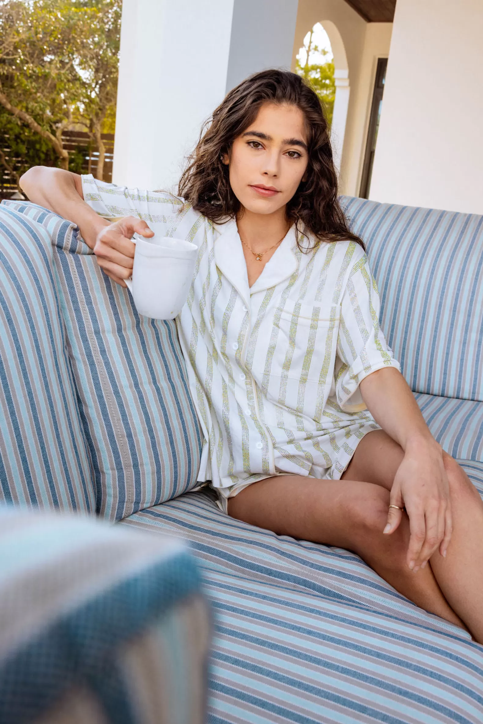 Queen of Sparkles Pajamas<Rhinestone Stripe Pajama Short Sleeve Top White