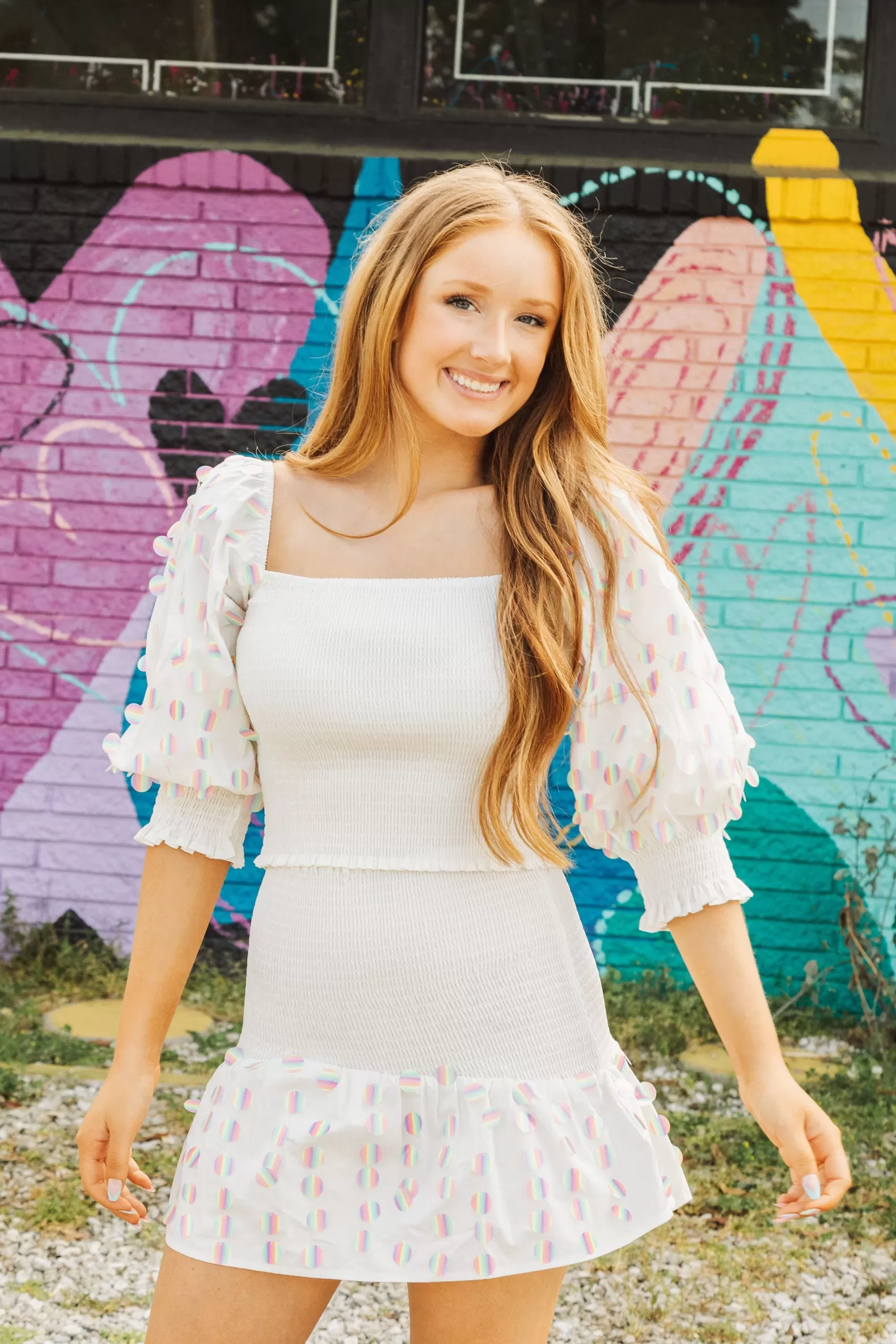 Queen of Sparkles Tops<White Smocked Rainbow Sequin Pailette Top