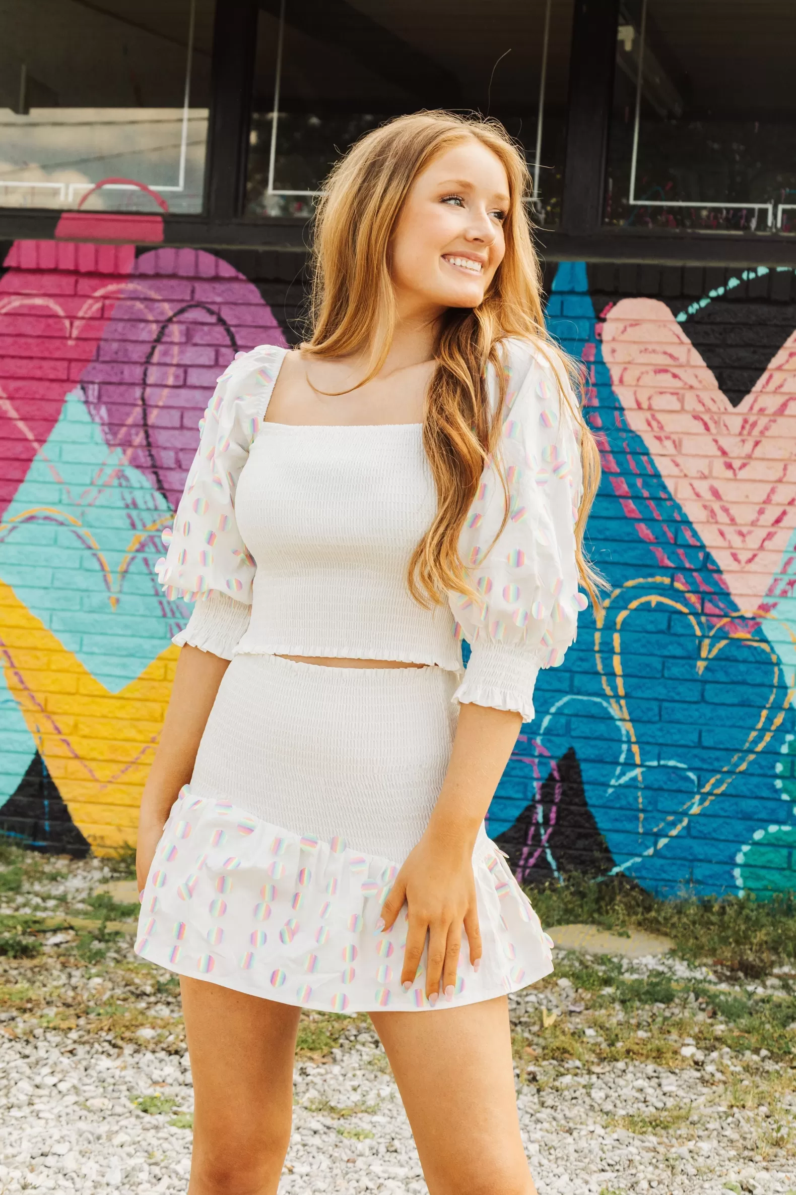 Queen of Sparkles Tops<White Smocked Rainbow Sequin Pailette Top