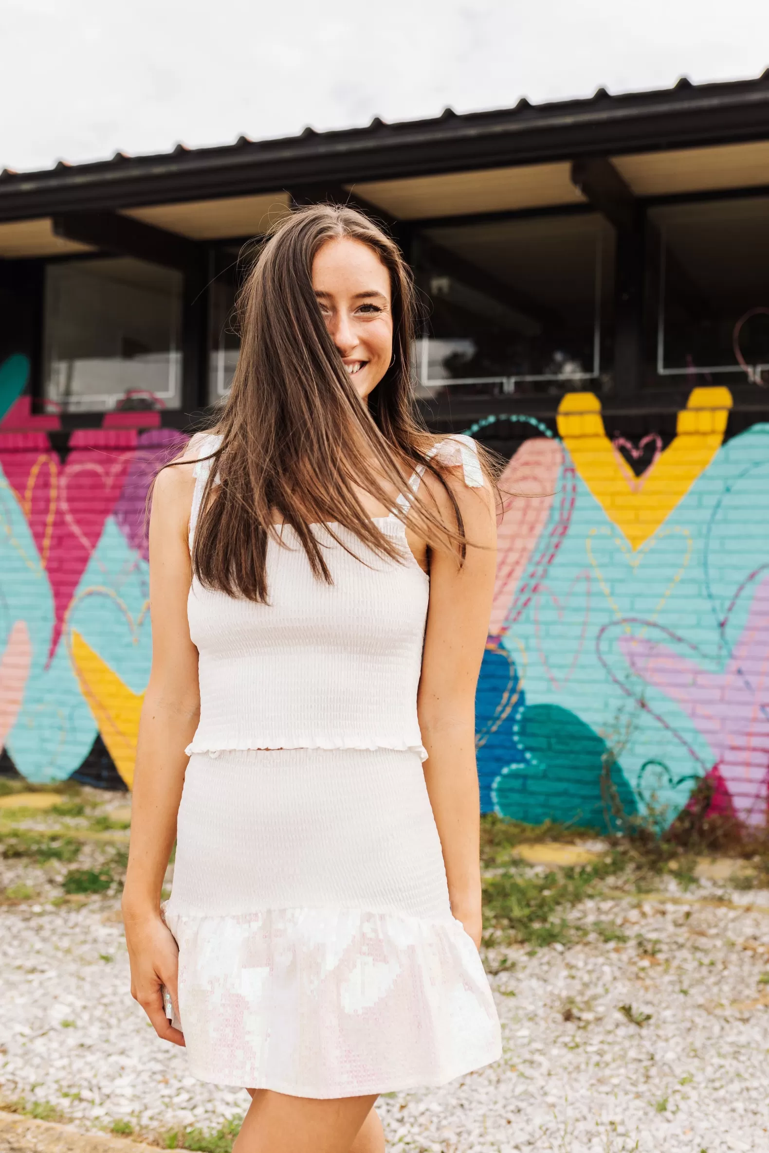 Queen of Sparkles Tops<White Smocked Sequin Tie Tank