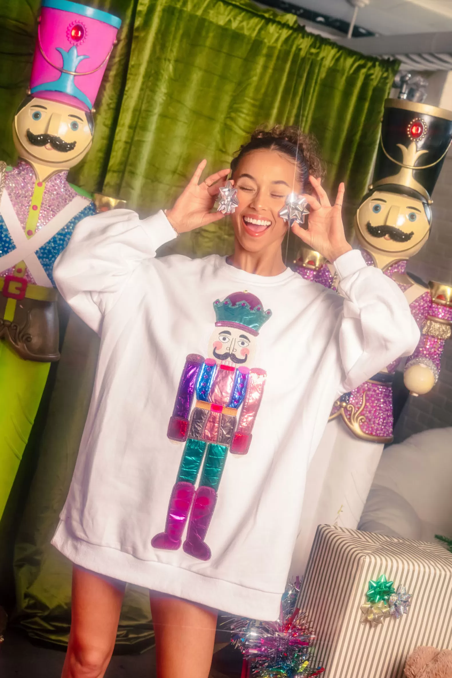 Queen of Sparkles Dresses<Sweatshirt Dress with Multi Nutcracker White