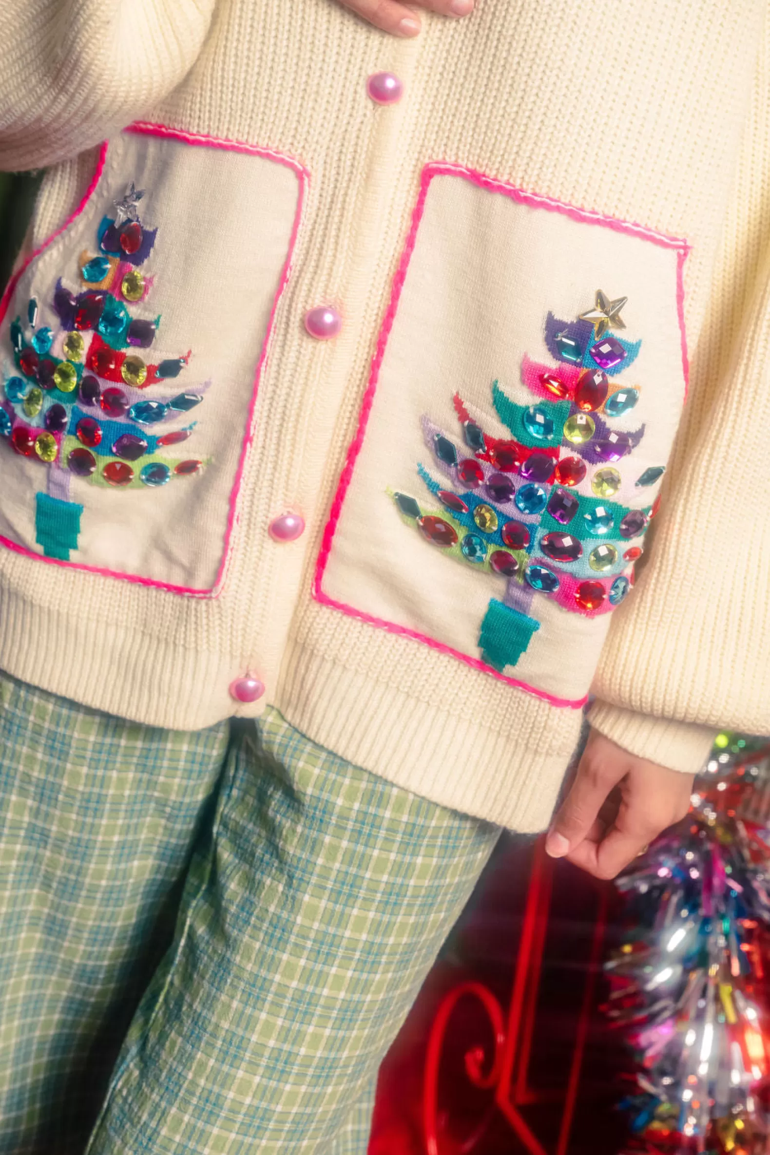 Queen of Sparkles Sweaters<Tree Pocket Cardigan White