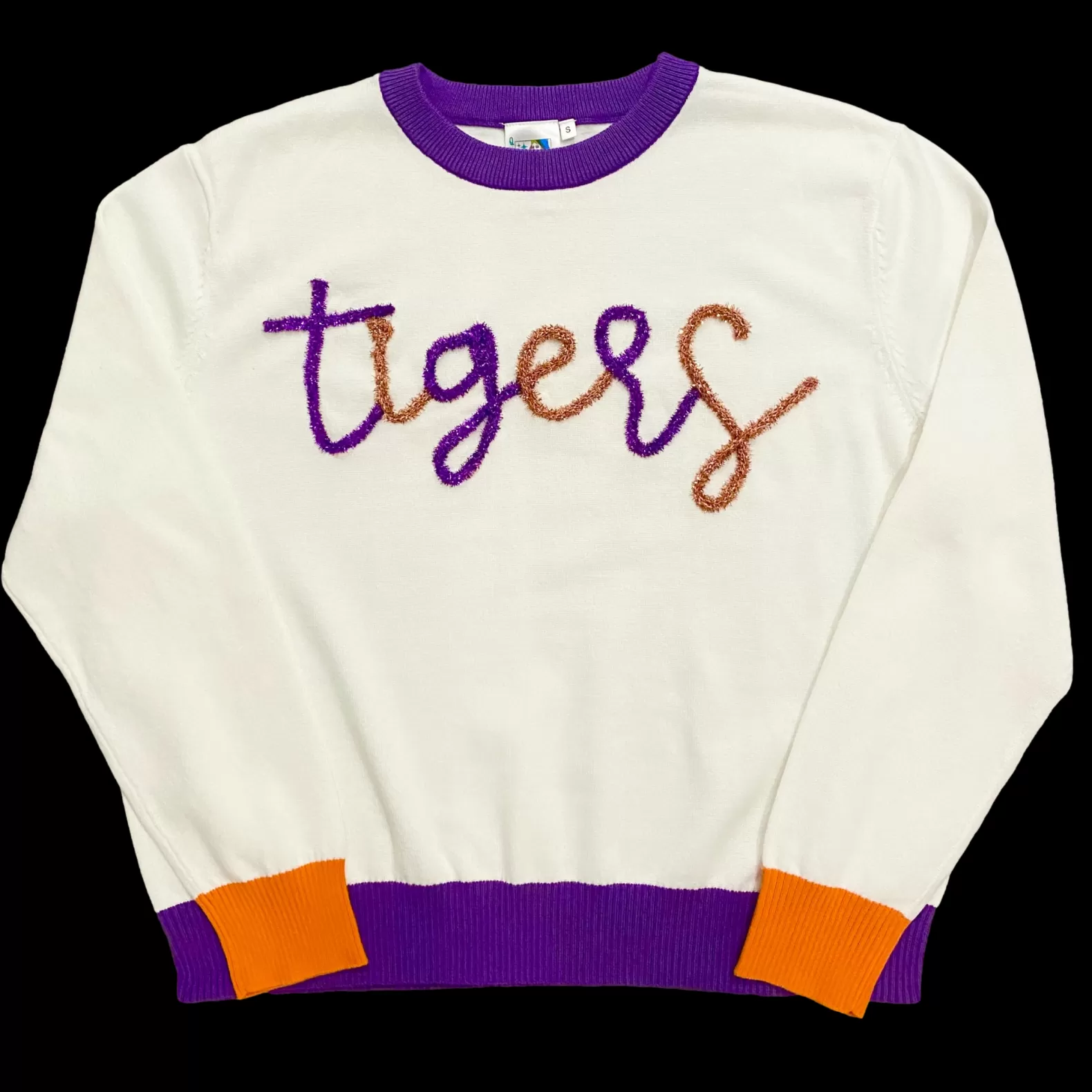 Queen of Sparkles Sweaters<White w/ Purple & Orange "Tigers" LS Sweater - Licensed