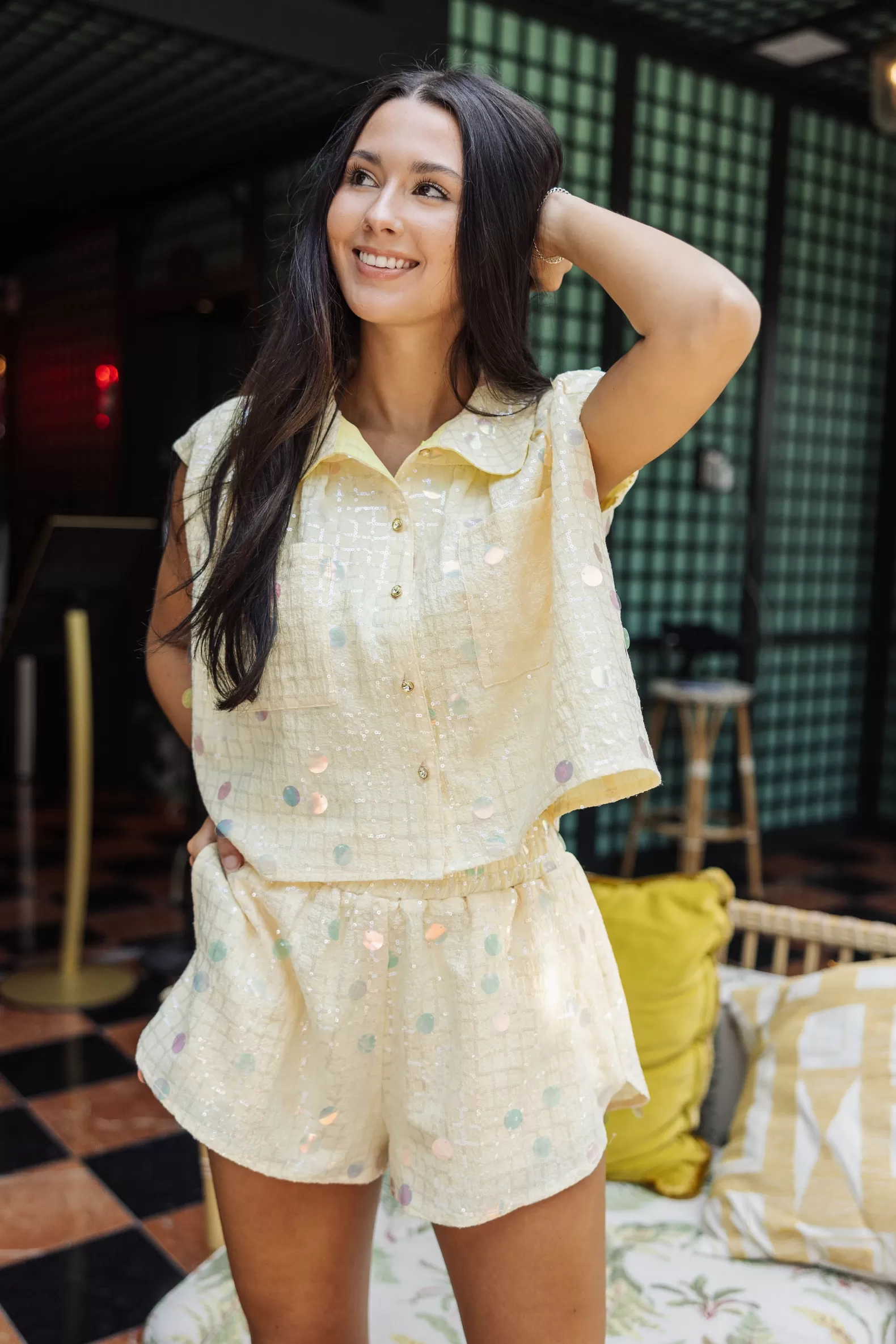Queen of Sparkles Shorts<Checkered Paillette Short Yellow